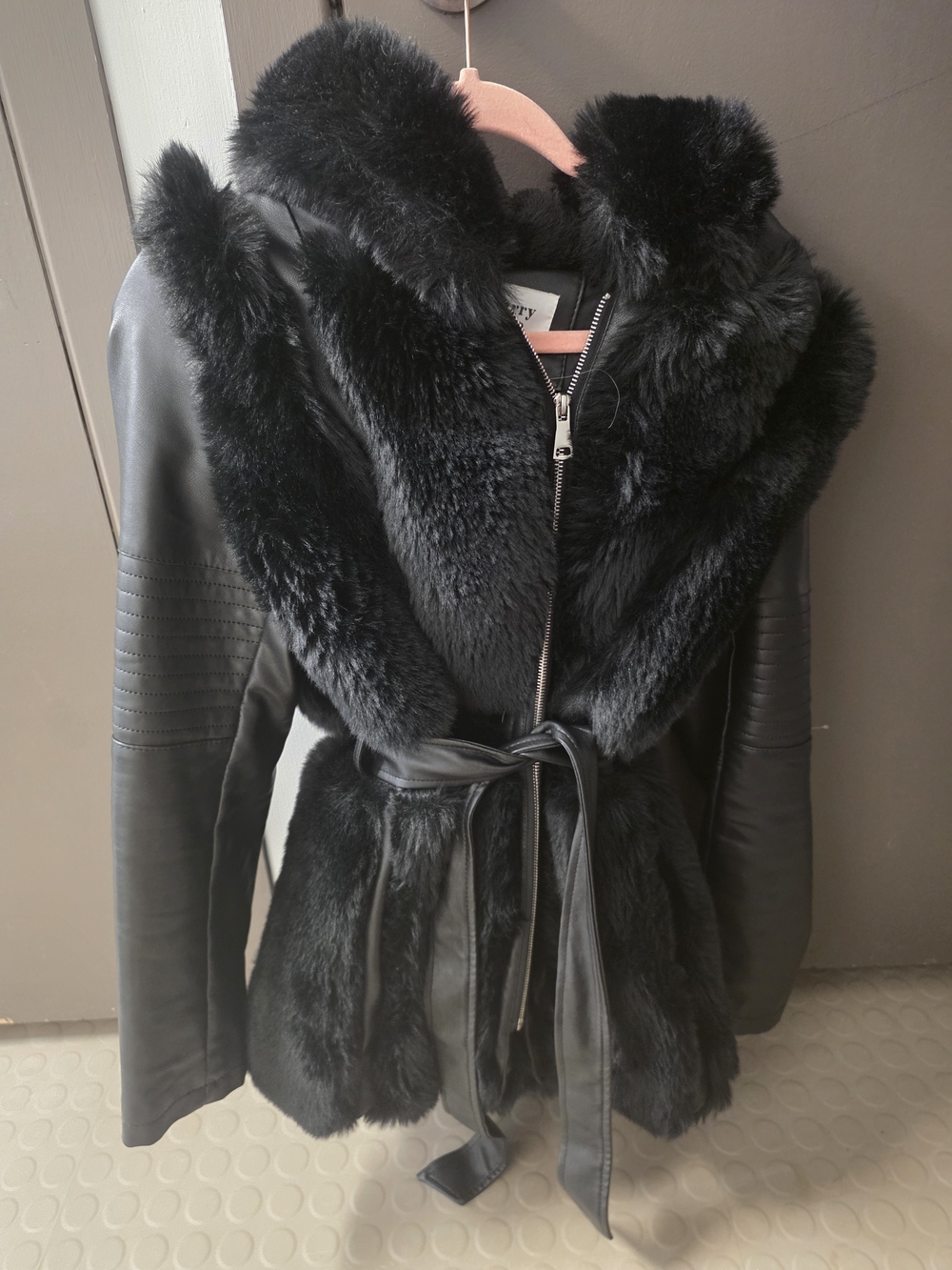 Black Faux-Fur Trim Leather-Style Belted Jacket